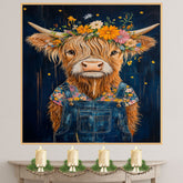 Happy Highland Cow in Overalls with Flower Crown Whimsical Hand Painted Floral Art Rustic Wall Decor for Farmhouse Kids Room Bedroom or Gift for Cow Lovers on Ready to Hang 1.5" Thick Canvas Wrap, Floating Framed Canvas, Flat Rolled Canvas